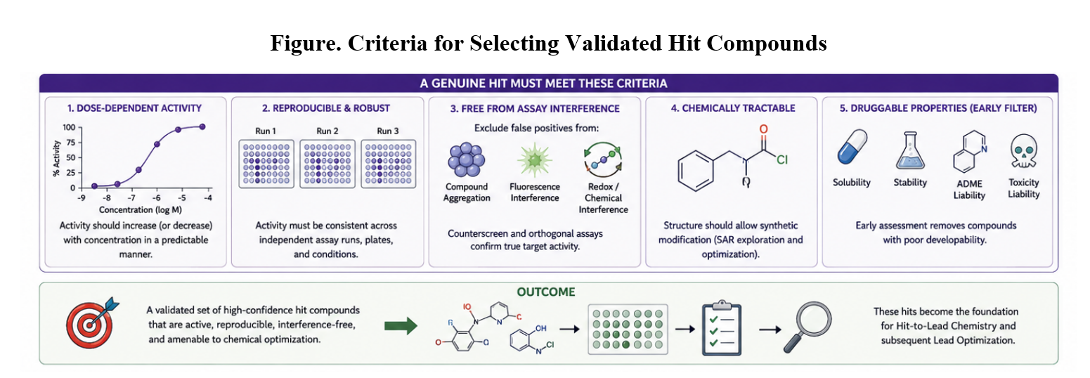 Criteria a genuine hit must meet: dose-dependent activity, reproducible and robust results, freedom from assay interference, chemical tractability, and druggable properties